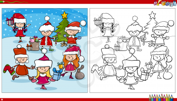 Cartoon illustration of children in Santa Claus costumes on Christmas time coloring book page
