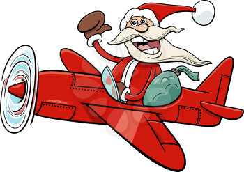 Cartoon illustration of Santa Claus character in the plane with sack of presents on Christmas time
