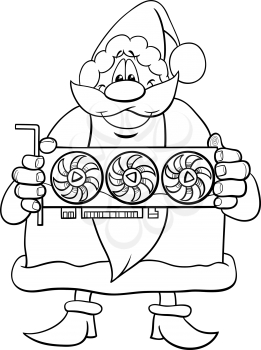 Black and white cartoon illustration of happy Santa Claus character with graphics card on Christmas time coloring book page