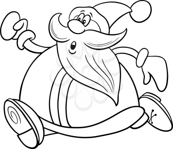 Black and white cartoon illustration of funny running Santa Claus character on Christmas time coloring book page