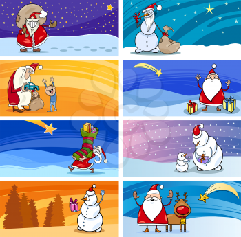 Royalty Free Clipart Image of Christmas Scenes With Santa and Snowmen