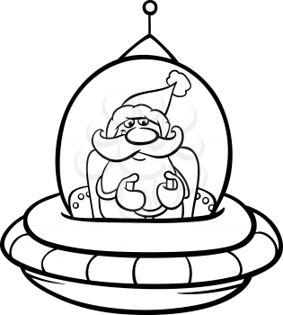 Black and White Cartoon Illustration of Santa Claus flying in Spaceship on Christmas Time for Coloring Book