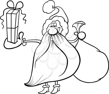Black and White Cartoon Illustration of Santa Claus with Sack and Christmas Present for Coloring Book
