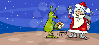 Greeting Card Cartoon Illustration of Santa Claus Astronaut giving Christmas Present to Funny Green Alien