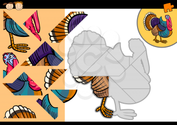 Cartoon Illustration of Education Jigsaw Puzzle Game for Preschool Children with Funny Turkey Farm Bird