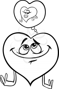 Black and White Cartoon Illustration of Happy Heart in Love on Valentine Day for Coloring Book