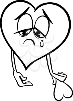 Black and White Cartoon Illustration of Sad Broken Heart in Love on Valentine Day for Coloring Book
