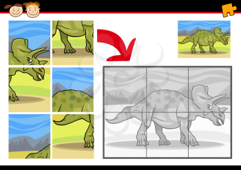 Cartoon Illustration of Education Jigsaw Puzzle Game for Preschool Children with Funny Triceratops Dinosaur