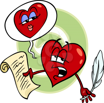 Cartoon Illustration of Heart Poet Character reading a Love Poem on Valentine Day