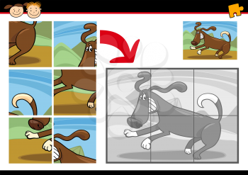 Cartoon Illustration of Education Jigsaw Puzzle Game for Preschool Children with Funny Dog