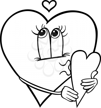 Black and White Cartoon Illustration of Happy Female Heart Character in Love with Valentine Card for Coloring Book