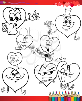Valentines Day and Love Themes Collection Set of Black and White Cartoon Illustrations with Hearts for Coloring Book