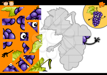 Cartoon Illustration of Education Jigsaw Puzzle Game for Preschool Children with Funny Grapes Fruit Character