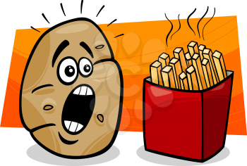 Cartoon Concept Illustration of Terrified Potato and French Fries