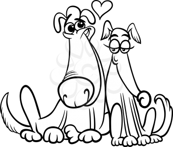 Black and White Valentines Day Cartoon Illustration of Funny Dogs Couple in Love for Coloring Book