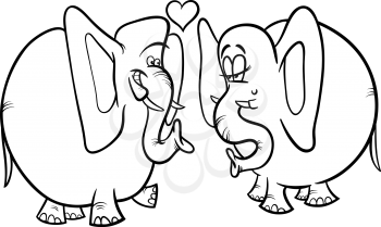 Black and White Valentines Day Cartoon Illustration of Funny Elephants Couple in Love for Coloring Book