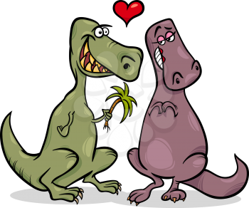 Valentines Day Cartoon Illustration of Funny Dinos Couple in Love