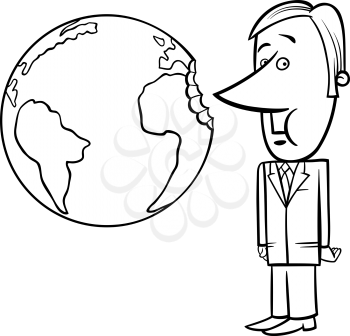 Black and White Concept Cartoon Illustration of Businessman Biting the Earth or Overexploitation Economy Metaphor
