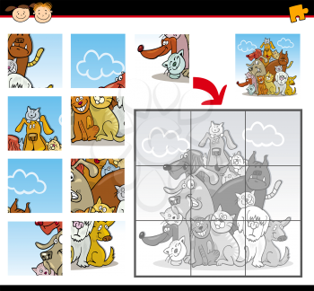 Cartoon Illustration of Education Jigsaw Puzzle Game for Preschool Children with Funny Cats and Dogs Group Animals