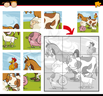 Cartoon Illustration of Education Jigsaw Puzzle Game for Preschool Children with Funny Farm Animals Group