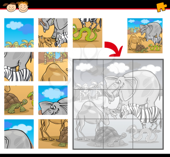 Cartoon Illustration of Education Jigsaw Puzzle Game for Preschool Children with Funny Safari Wild Animals Group