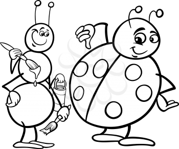 Black and White Cartoon Illustration of Ant and Ladybug Insects Characters for Coloring Book