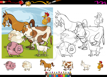 Cartoon Illustrations of Funny Farm Animals Characters Group for Coloring Book with Elements Set