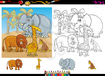 Cartoon Illustration of Funny Safari Wild Animals Group for Coloring Book with Elements Set