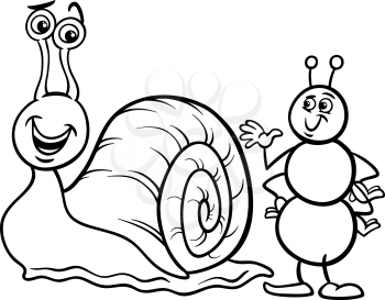 Black and White Cartoon Illustration of Ant Insect and Snail Characters for Coloring Book