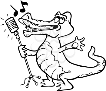 Black and White Cartoon Illustration of Funny Singing Crocodile Character for Coloring Book