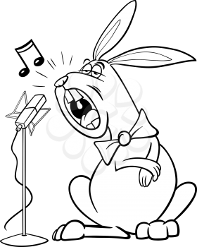 Black and White Cartoon Illustration of Funny Singing Rabbit Character for Coloring Book