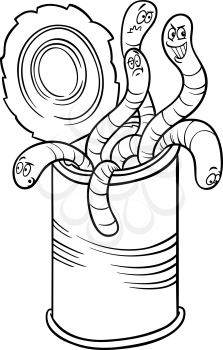 Black and White Cartoon Humor Concept Illustration of Can of Worms Saying or Proverb for Coloring Book