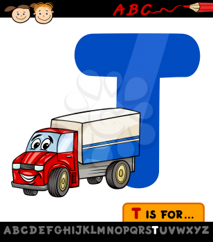 Cartoon Illustration of Capital Letter T from Alphabet with Truck for Children Education