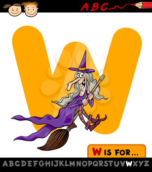 Cartoon Illustration of Capital Letter W from Alphabet with Witch for Children Education