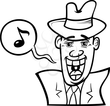 Black and White Cartoon Concept Illustration of Man in Hat Singing in the Night