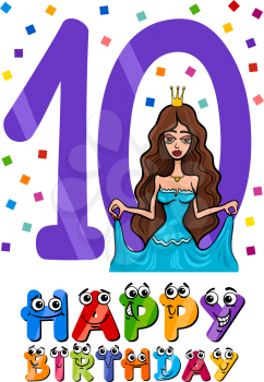 Cartoon Illustration of the Tenth Birthday Anniversary Design for Girls