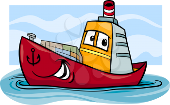 Cartoon Illustration of Funny Container Ship Comic Mascot Character