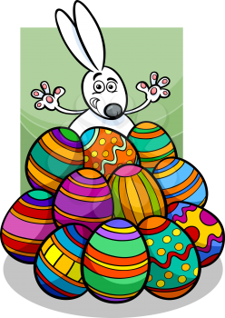 Cartoon Illustration of Cute Easter Bunny in Paschal Eggs Heap