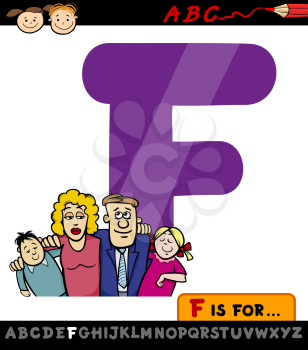 Cartoon Illustration of Capital Letter F from Alphabet with Family for Children Education