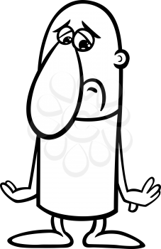 Black and White Cartoon Illustration of Sad or Depressed Funny Guy Character for Coloring Book
