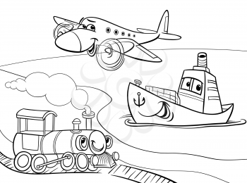 Black and White Cartoon Illustration of Funny Plane and Train and Ship Transport Comic Characters Group for Coloring Book