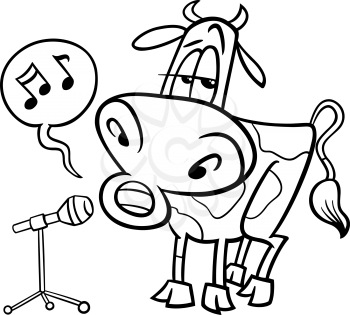 Black and White Cartoon Illustration of Funny Singing Cow Character for Coloring Book
