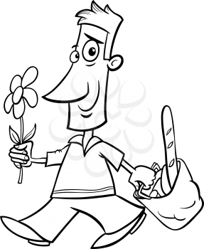 Black and White Cartoon illustration of Funny Man with Flower and Shopping for Coloring Book