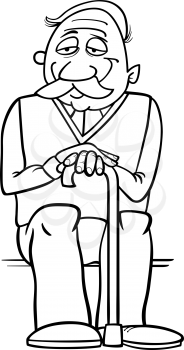 Black and White Cartoon Illustration of Elder Man Senior or Grandfather with Cane for Coloring Book