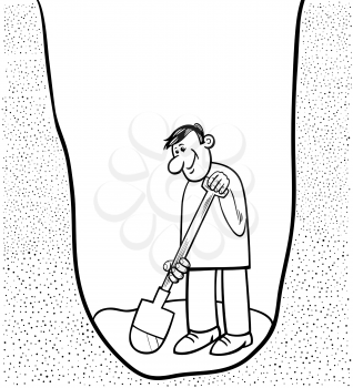 Black and White Cartoon Illustration of Funny Man Digging a Big Hole for Coloring Book