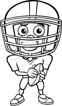 Black and White Cartoon Illustration of Funny Boy American Football Player with Ball for Coloring Book