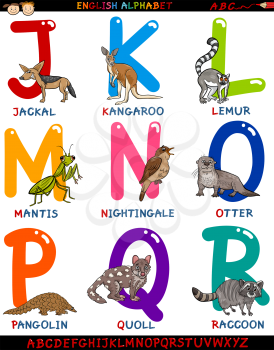 Cartoon Illustration of Colorful English Alphabet Set with Funny Animals from Letter J to R