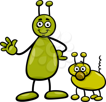 Cartoon Illustration of Funny Alien or Martian Comic Character with Dog