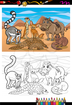 Coloring Book or Page Cartoon Illustration of Black and White Funny African Mammals Animals Characters Group for Children