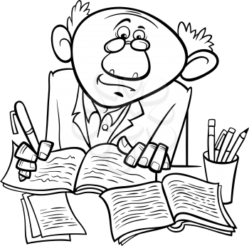 Black and White Cartoon Illustration of Professor or Scientist or Writer Taking Notes for Coloring Book